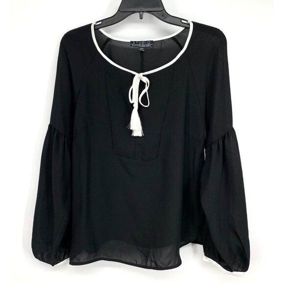 Studio Badgley Mischka Top Black Long Sleeve Sheer Tie Neck - Picture 1 of 9
